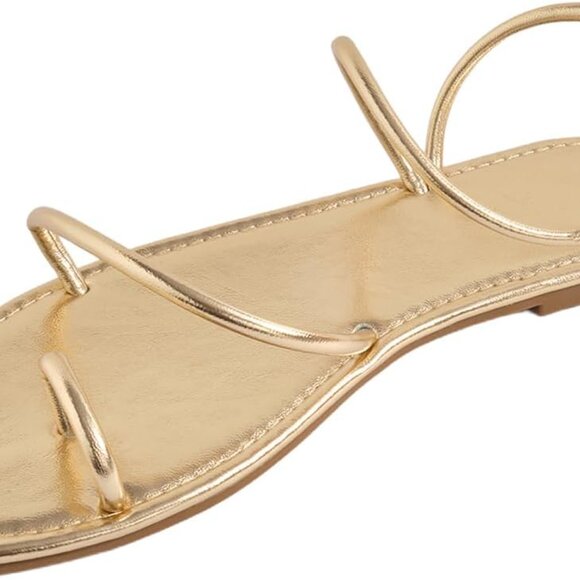 Women's Gold Faux Leather Flat Sandals Open Toe Slip On 8 Dressy Casual - Picture 1 of 6